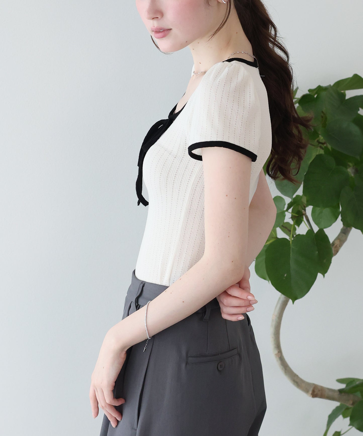 【SALE】バイカラーリボンカットソー【メール便】