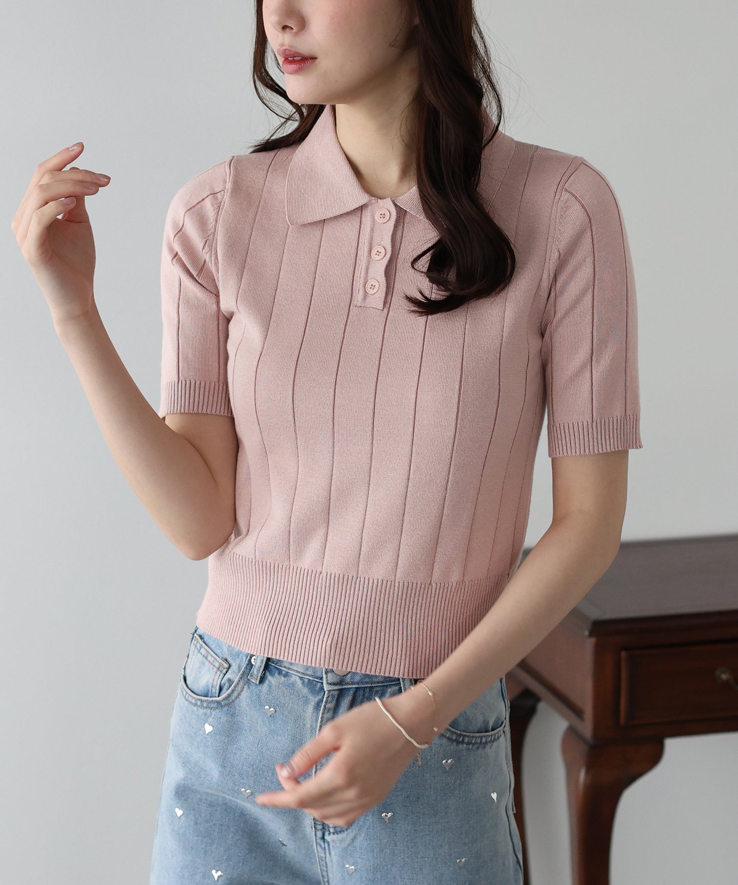 5分袖サマーワイドリブポロニットトップス