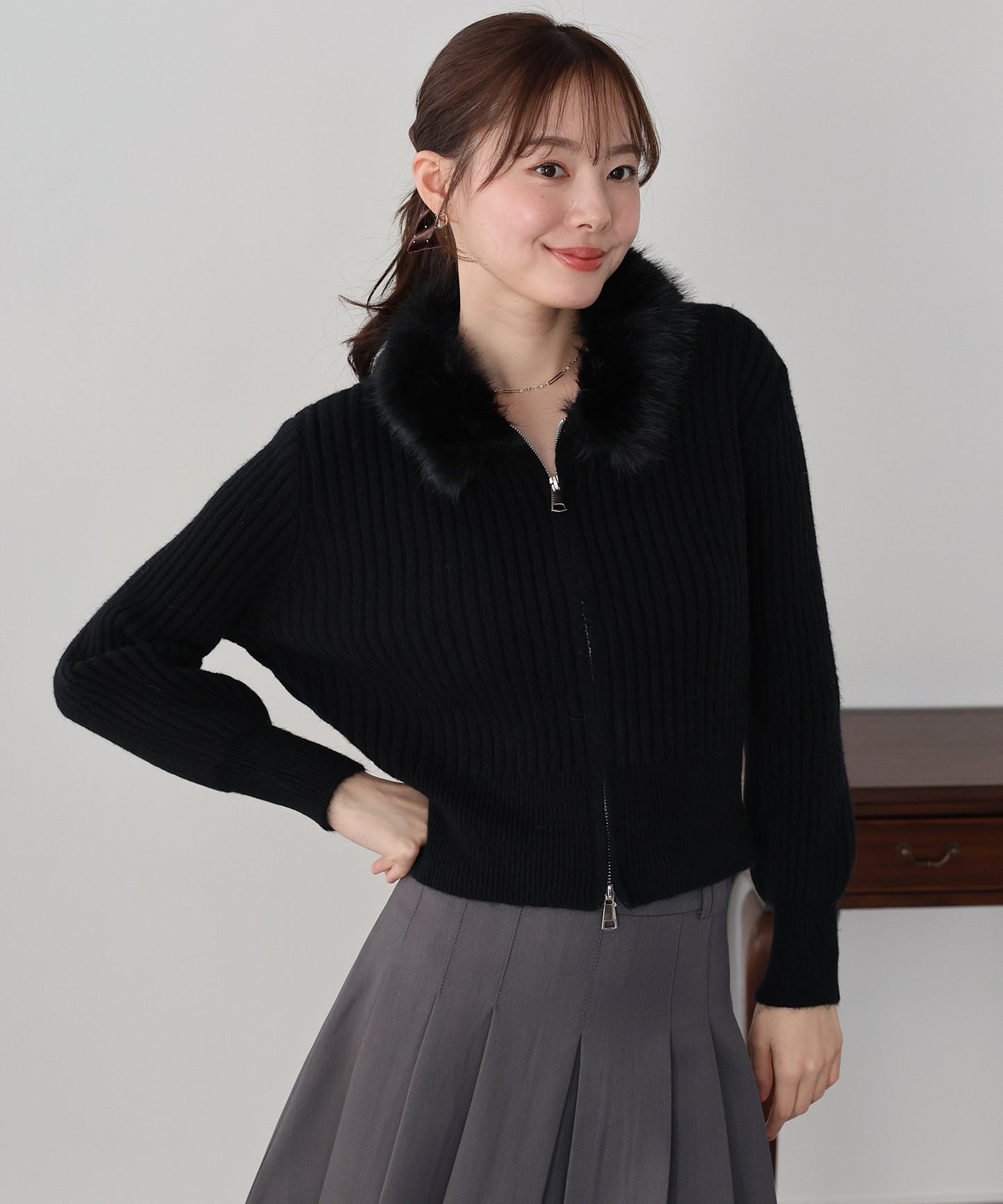 【早割5％OFF】ファー襟ダブルジップニット