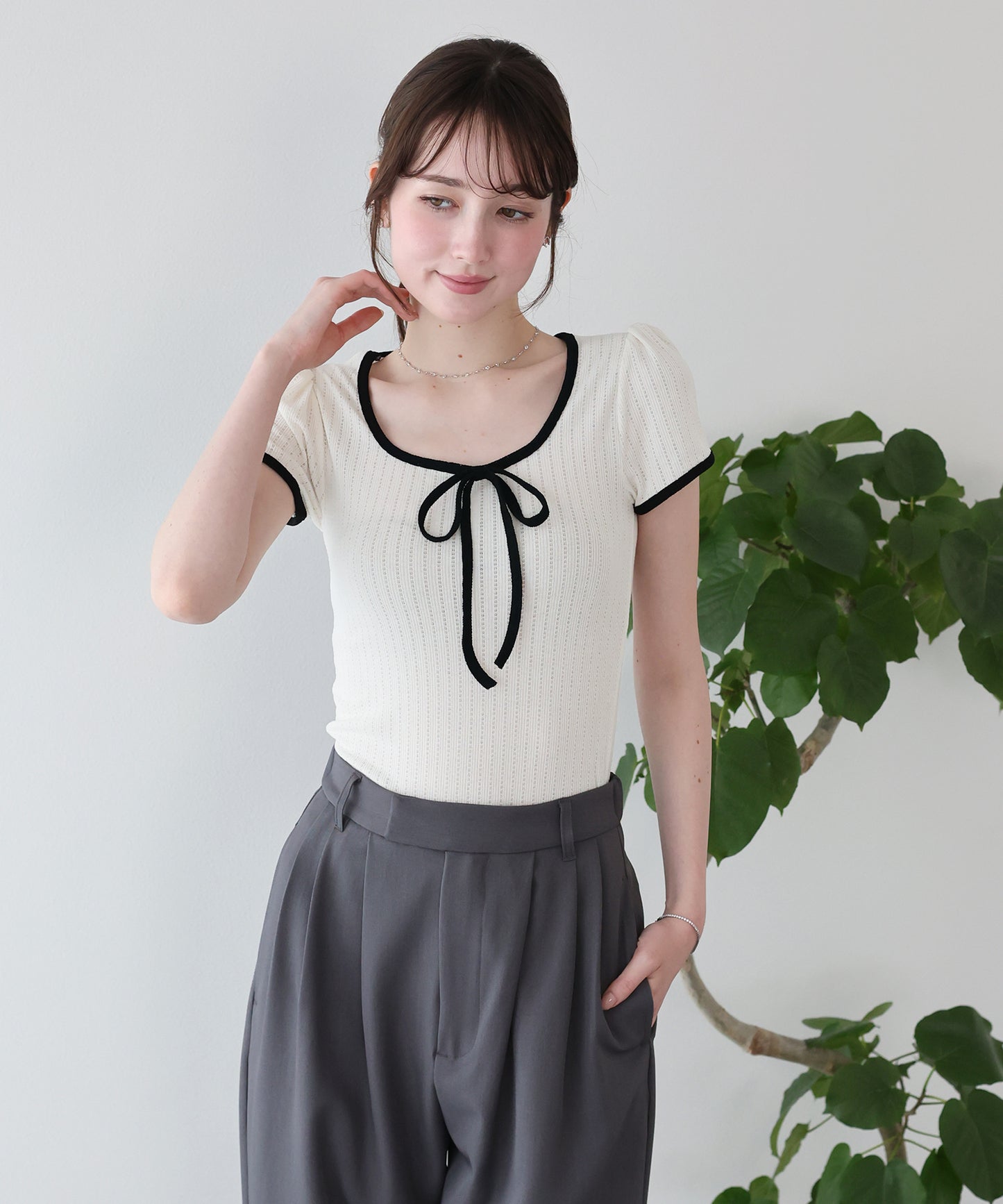 【SALE】バイカラーリボンカットソー【メール便】