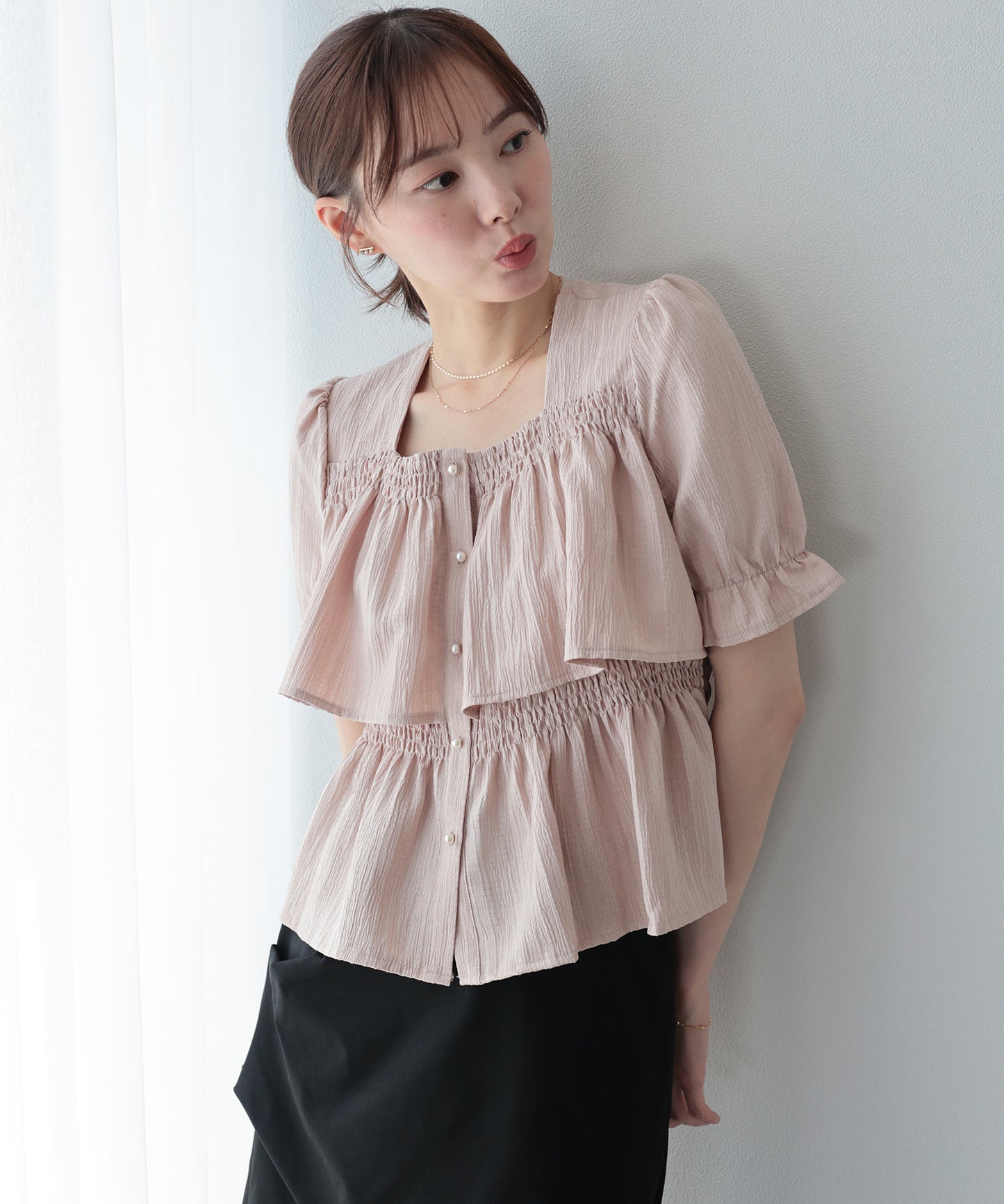 【早割5％OFF】バックリボンスクエアティアードブラウス【メール便】