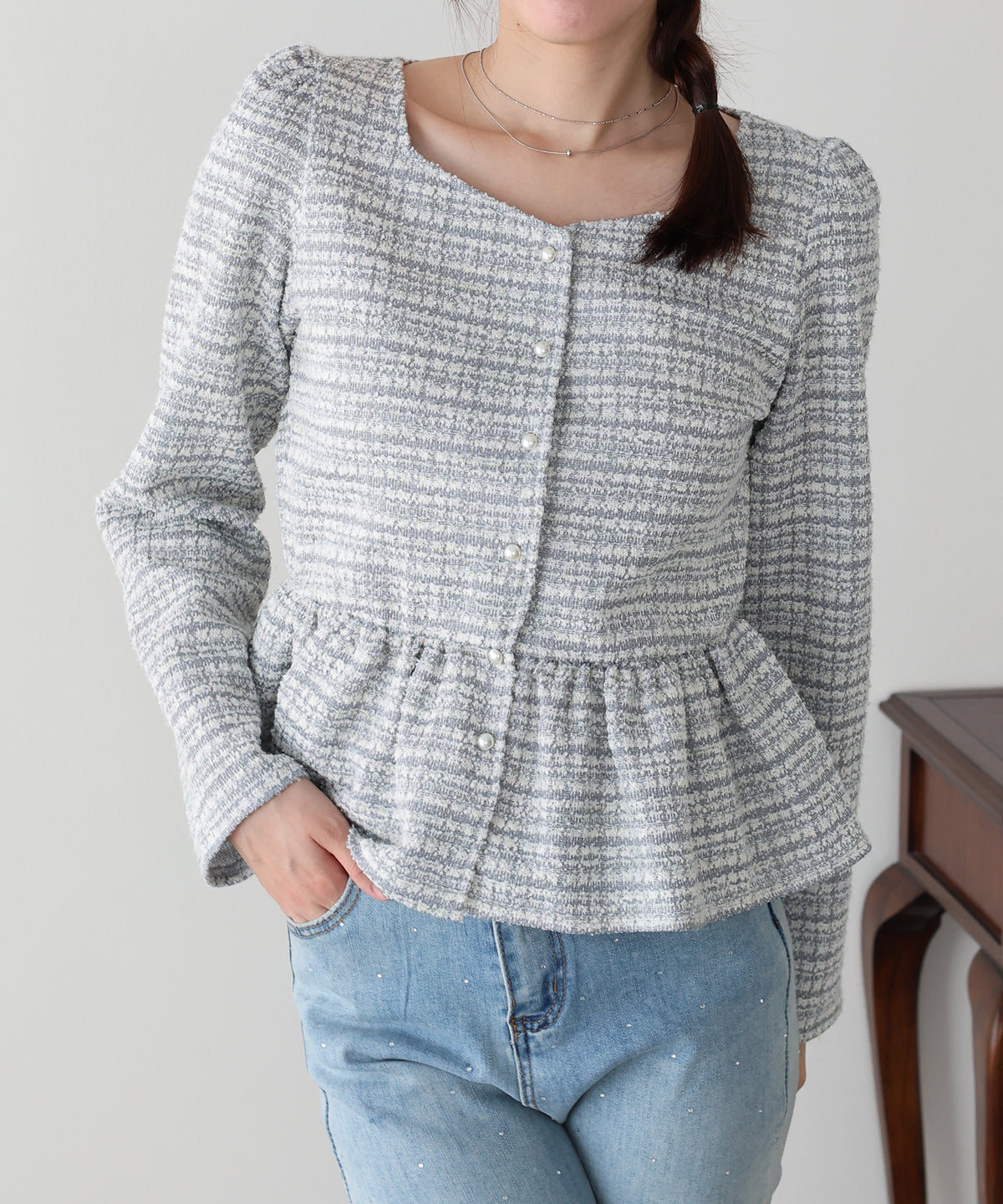 【早割5％OFF】《２サイズ展開》ツイードペプラムトップス