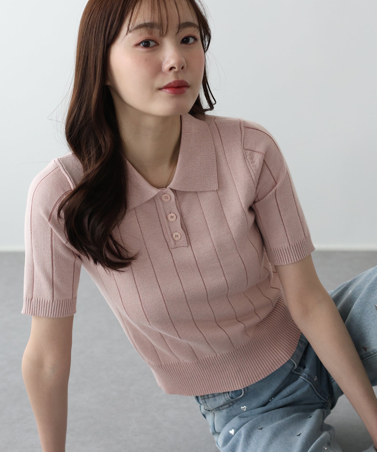 5分袖サマーワイドリブポロニットトップス