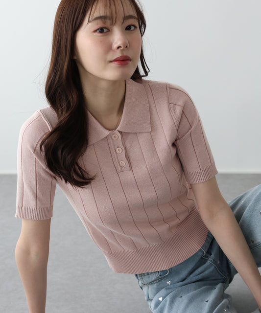 5分袖サマーワイドリブポロニットトップス