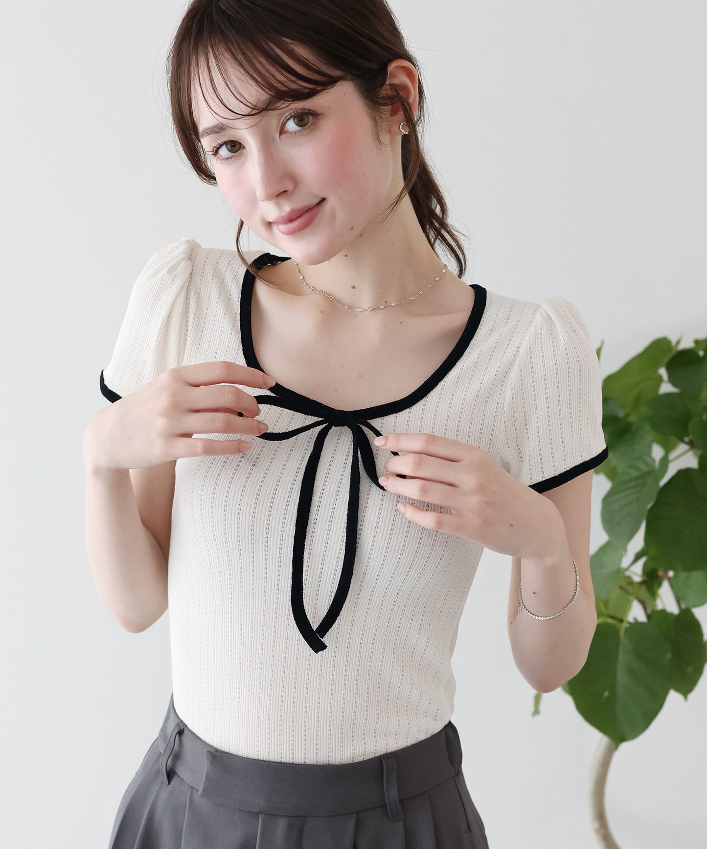 【SALE】バイカラーリボンカットソー【メール便】