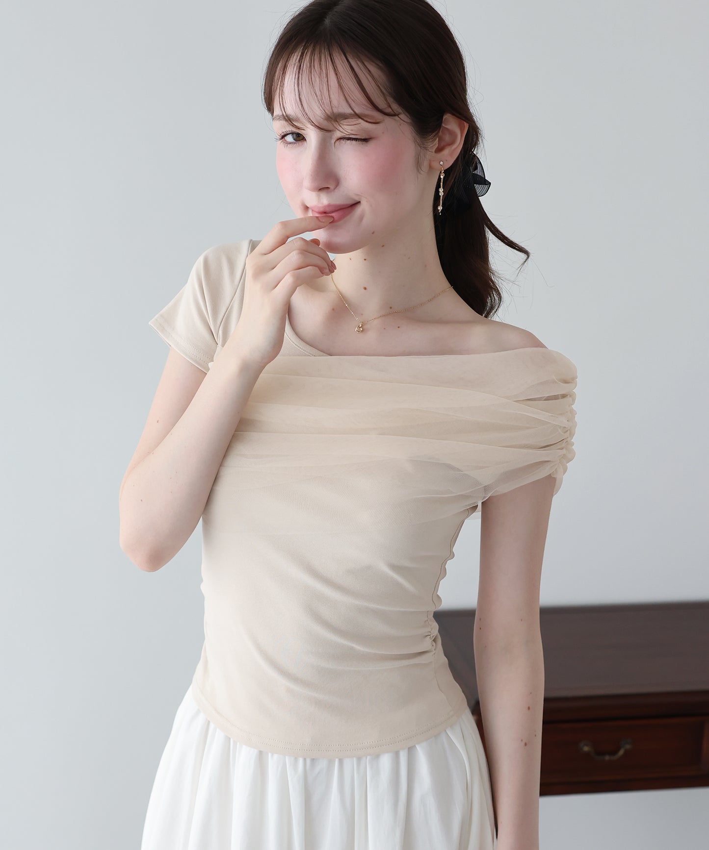 【早割5％OFF】チュールオフショルTシャツ【メール便】