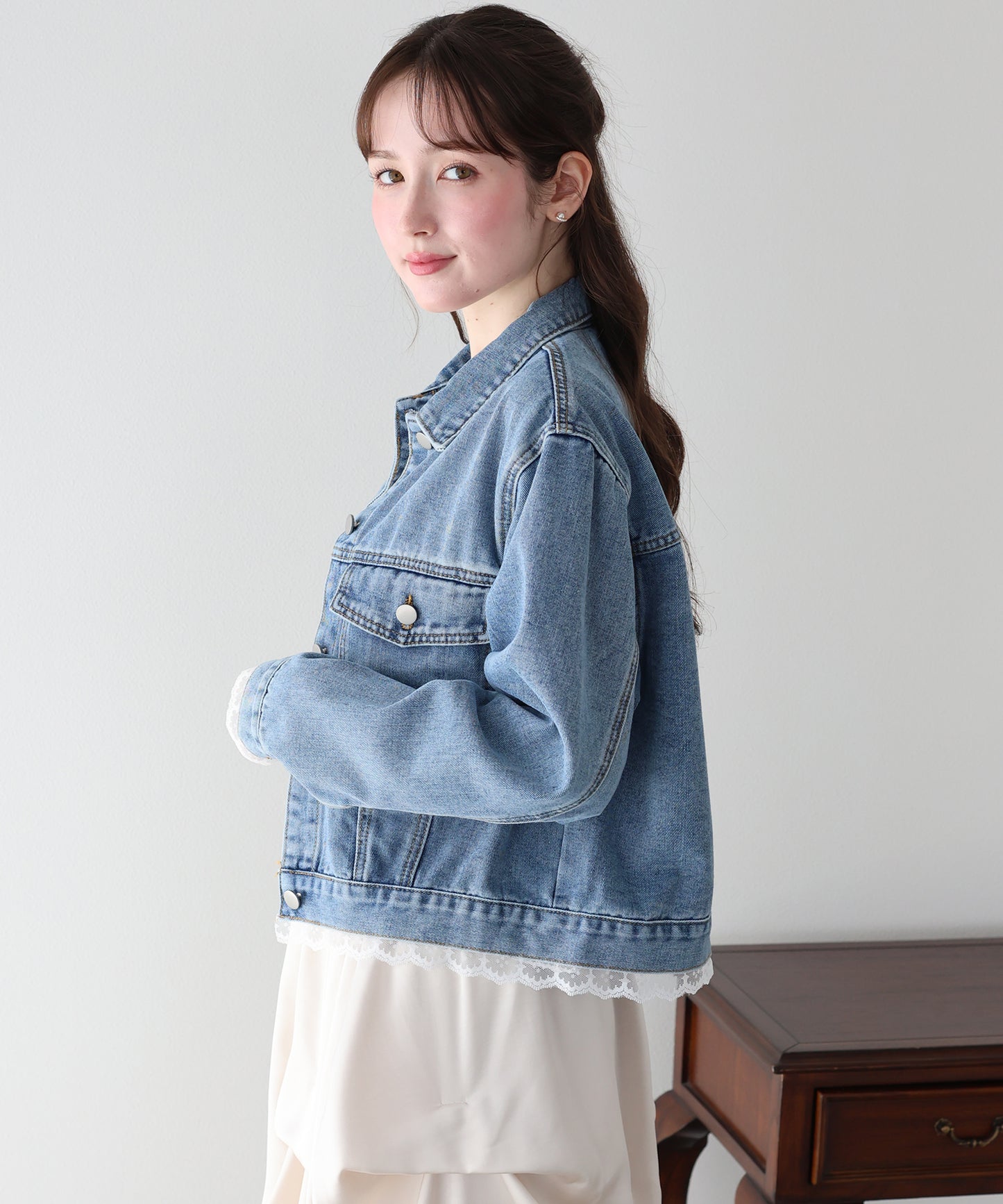 【早割5％OFF】レースドッキングデニムジャケット