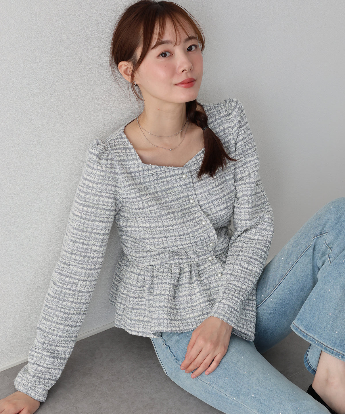 【早割5％OFF】《２サイズ展開》ツイードペプラムトップス