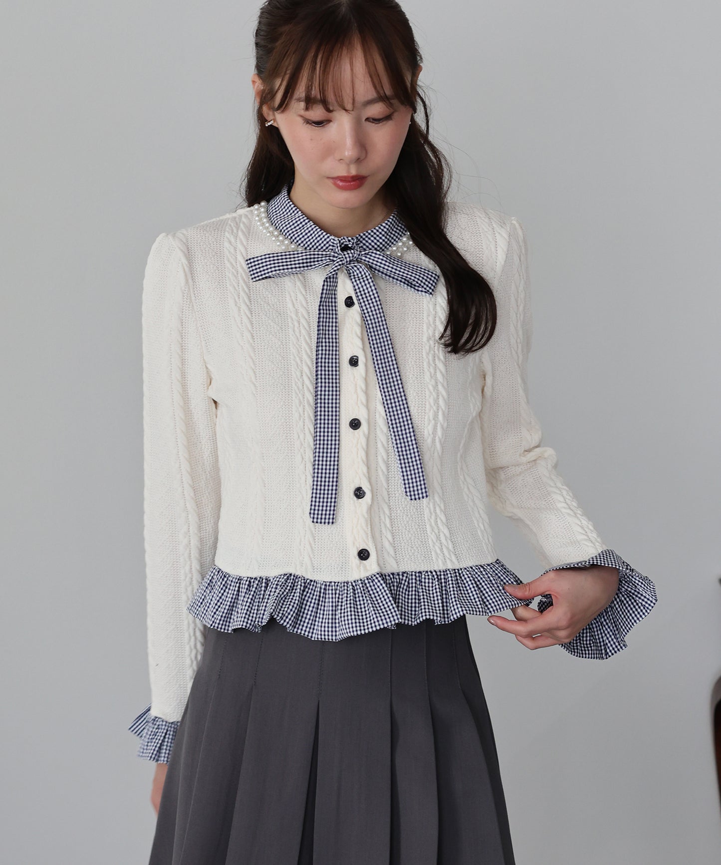 【早割5％OFF】ボウタイシャツドッキングカーディガン