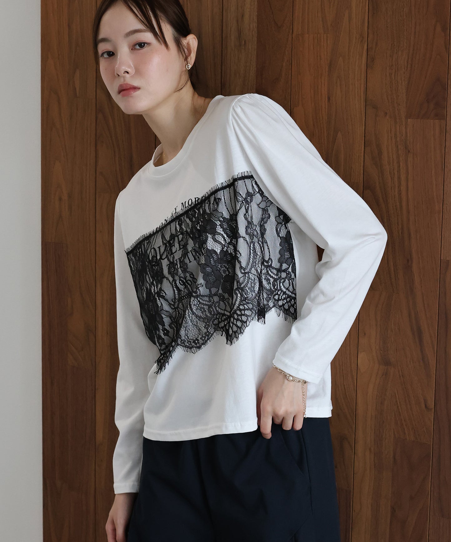 【早割5％OFF】ロングスリーブレースドッキングロゴTシャツ【メール便】