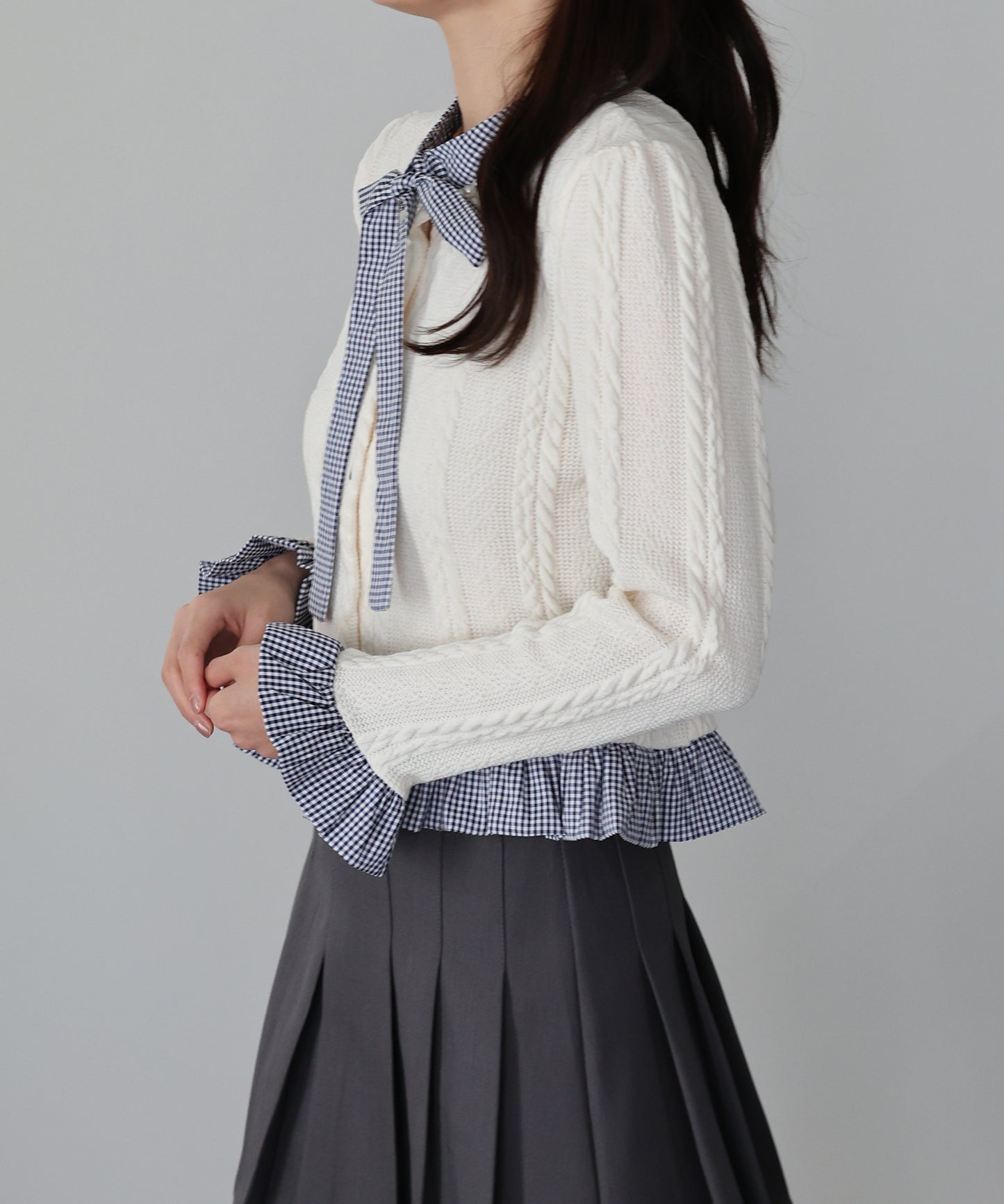 【早割5％OFF】ボウタイシャツドッキングカーディガン