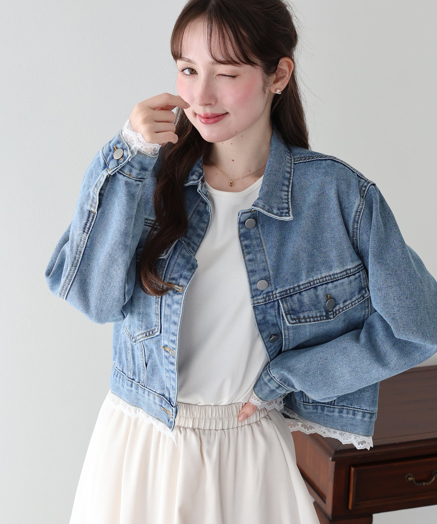 【早割5％OFF】レースドッキングデニムジャケット