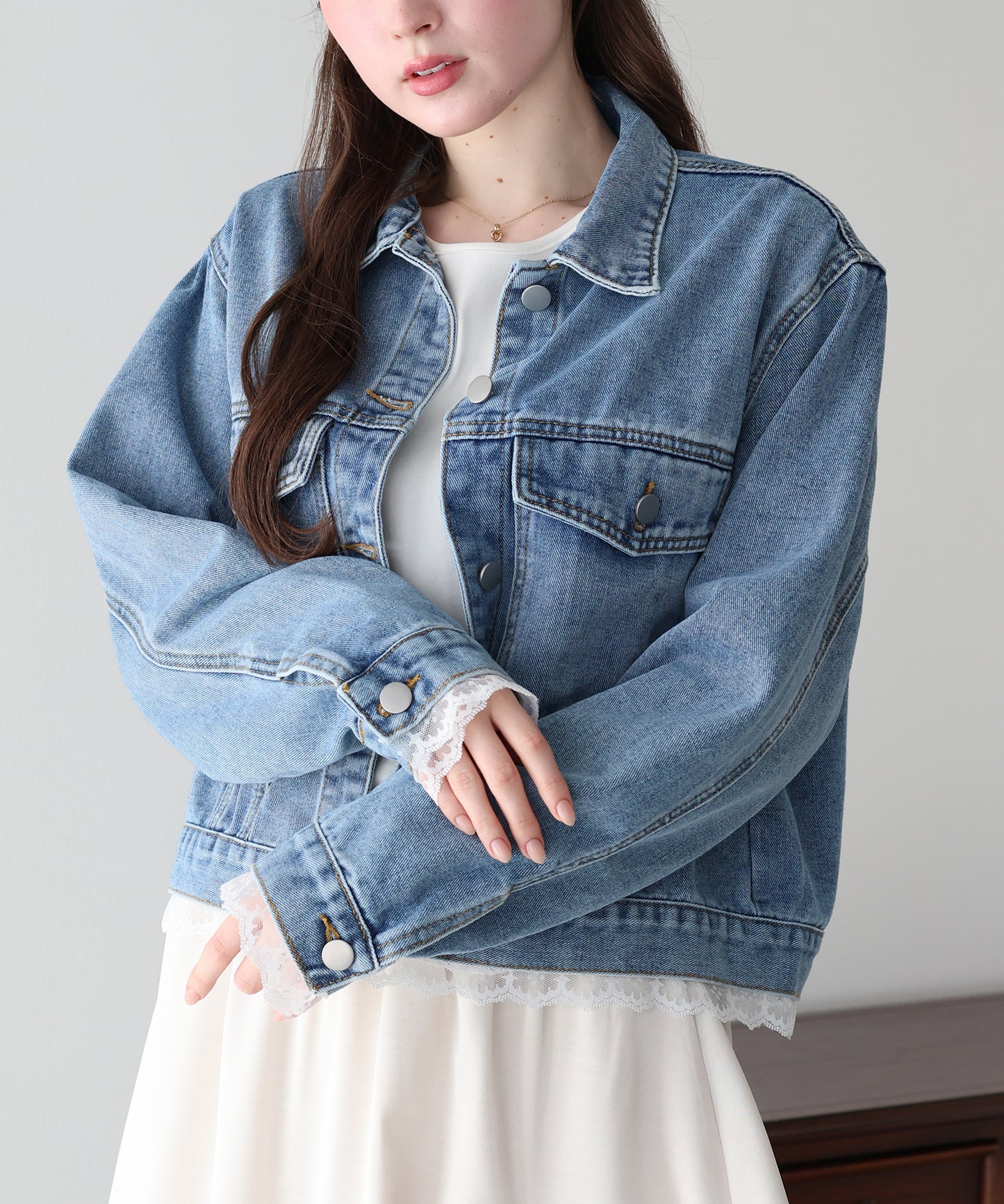 【早割5％OFF】レースドッキングデニムジャケット