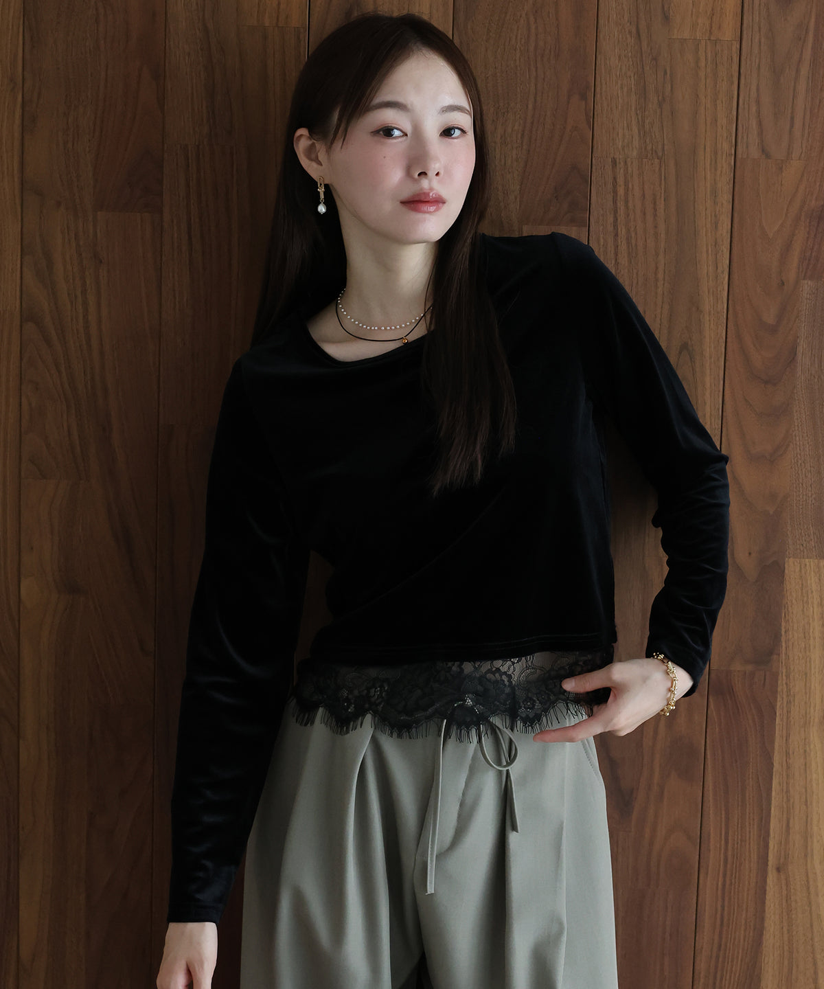 【早割5％OFF】レースヘムベロアカットソー【メール便】