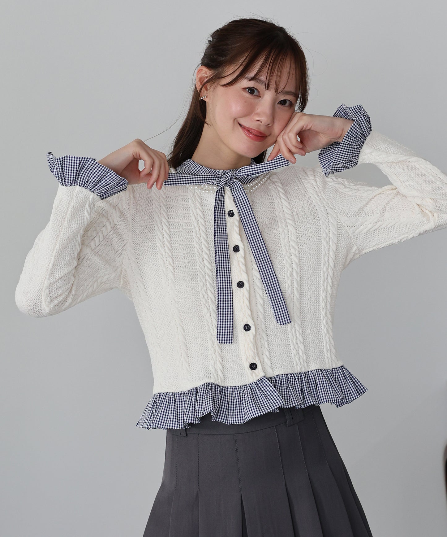 【早割5％OFF】ボウタイシャツドッキングカーディガン