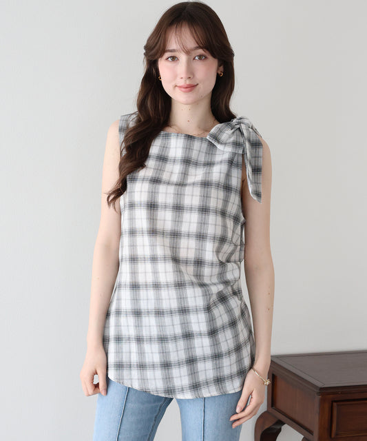 【早割5％OFF】ショルダーリボンチェックブラウス【メール便】