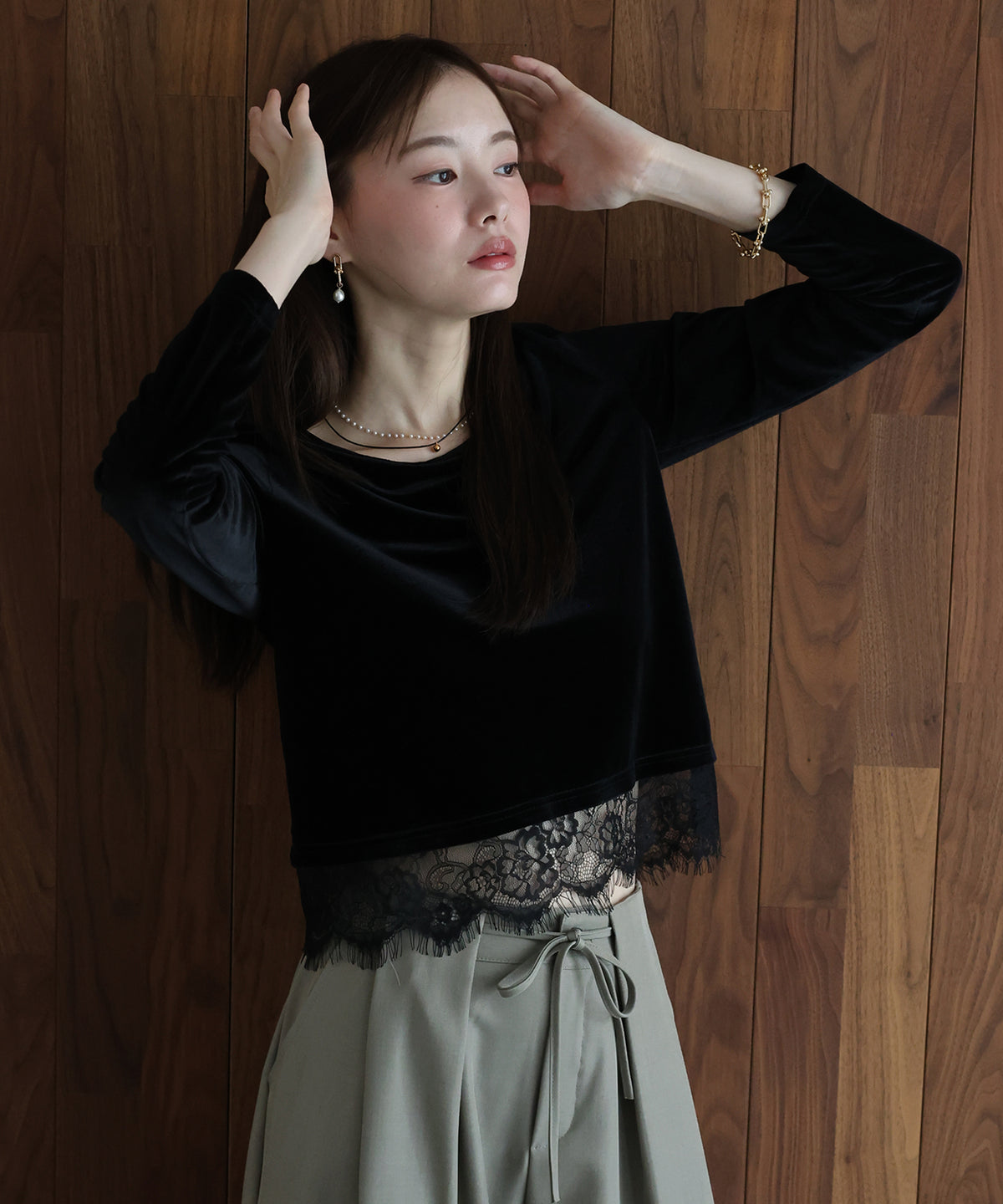 【早割5％OFF】レースヘムベロアカットソー【メール便】