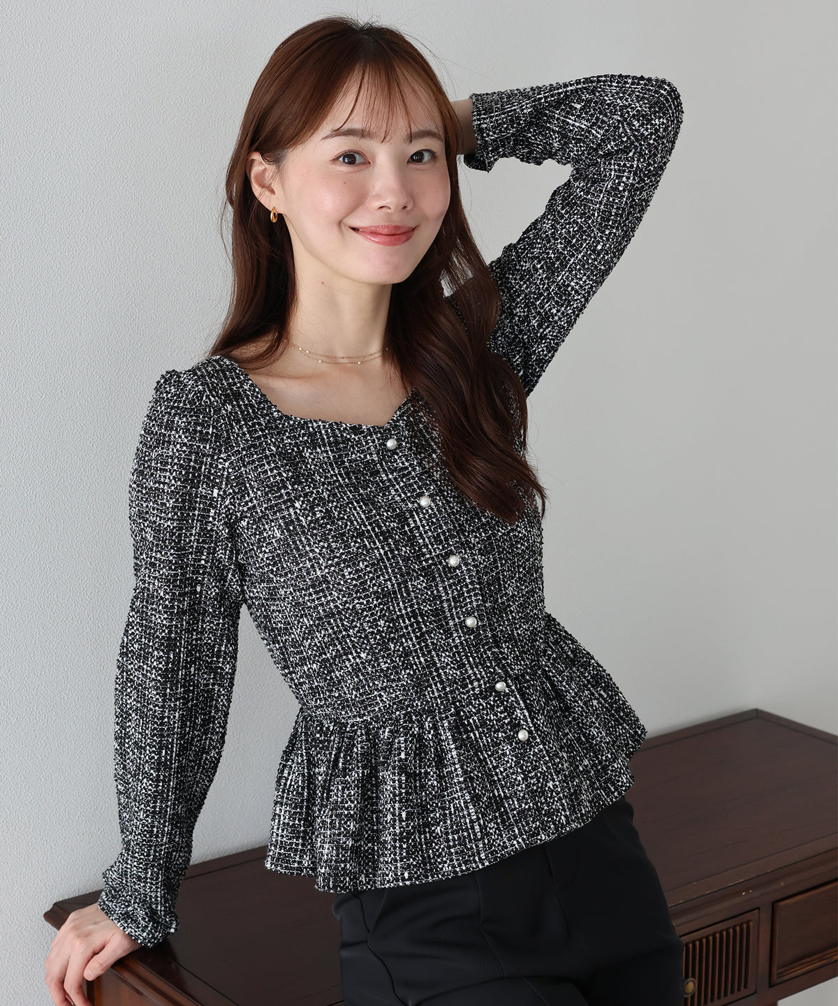 【早割5％OFF】《２サイズ展開》ツイードペプラムトップス