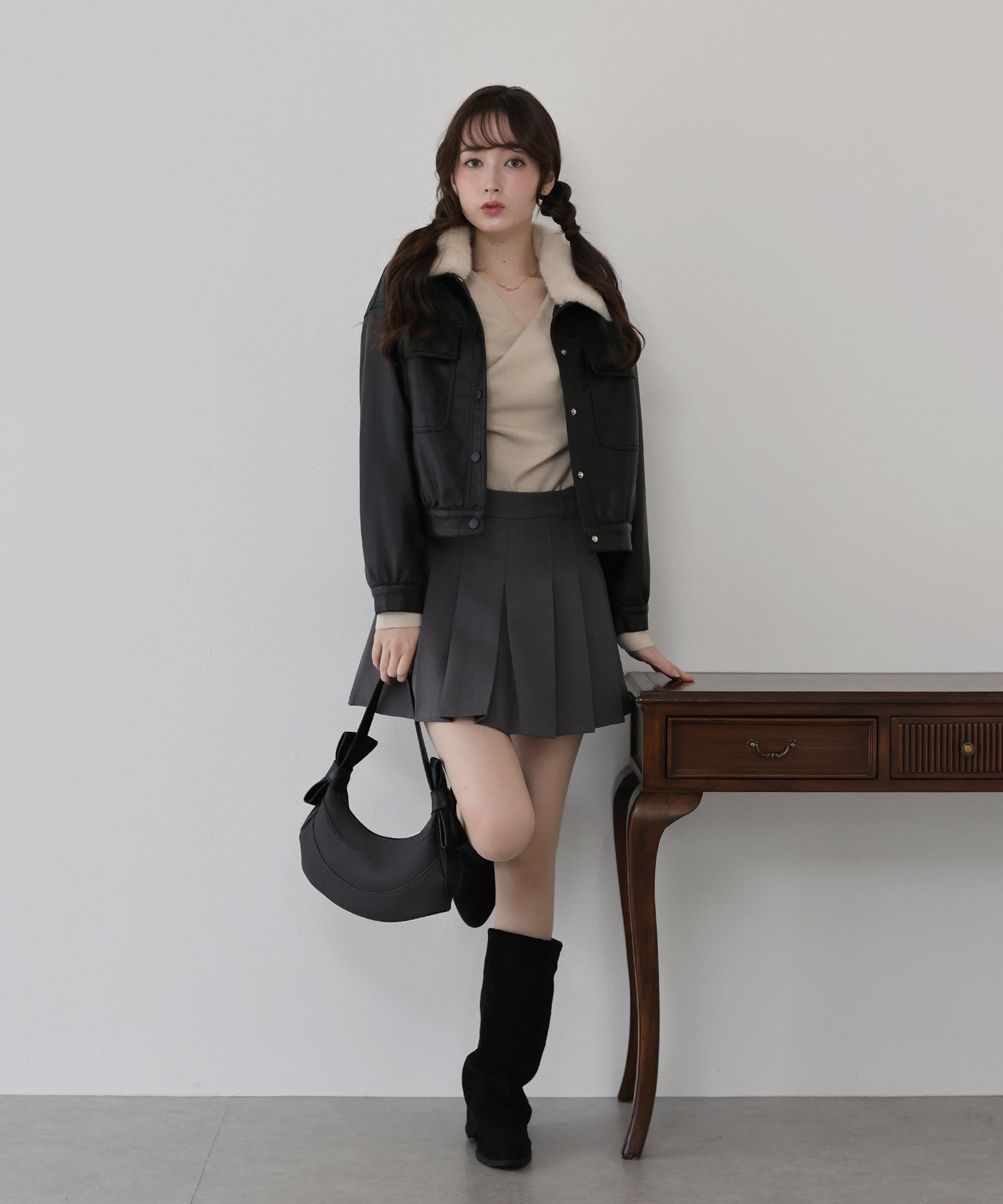 ファー付きフェイクレザーブルゾン