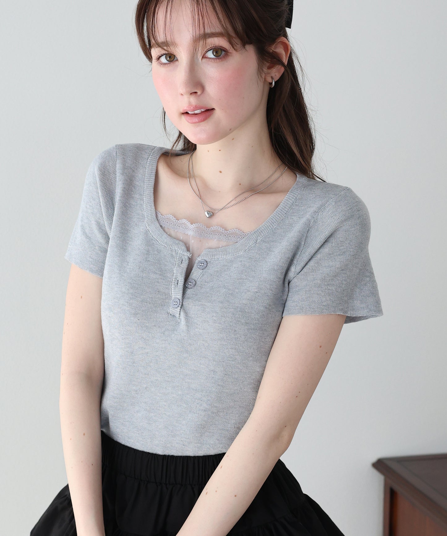 【早割5％OFF】チュールレイヤードヘンリーネックニット【ネコポス】