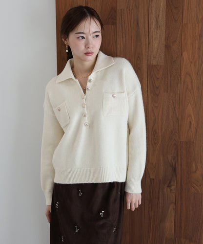 【早割5％OFF】ゴールドボタンポロニット