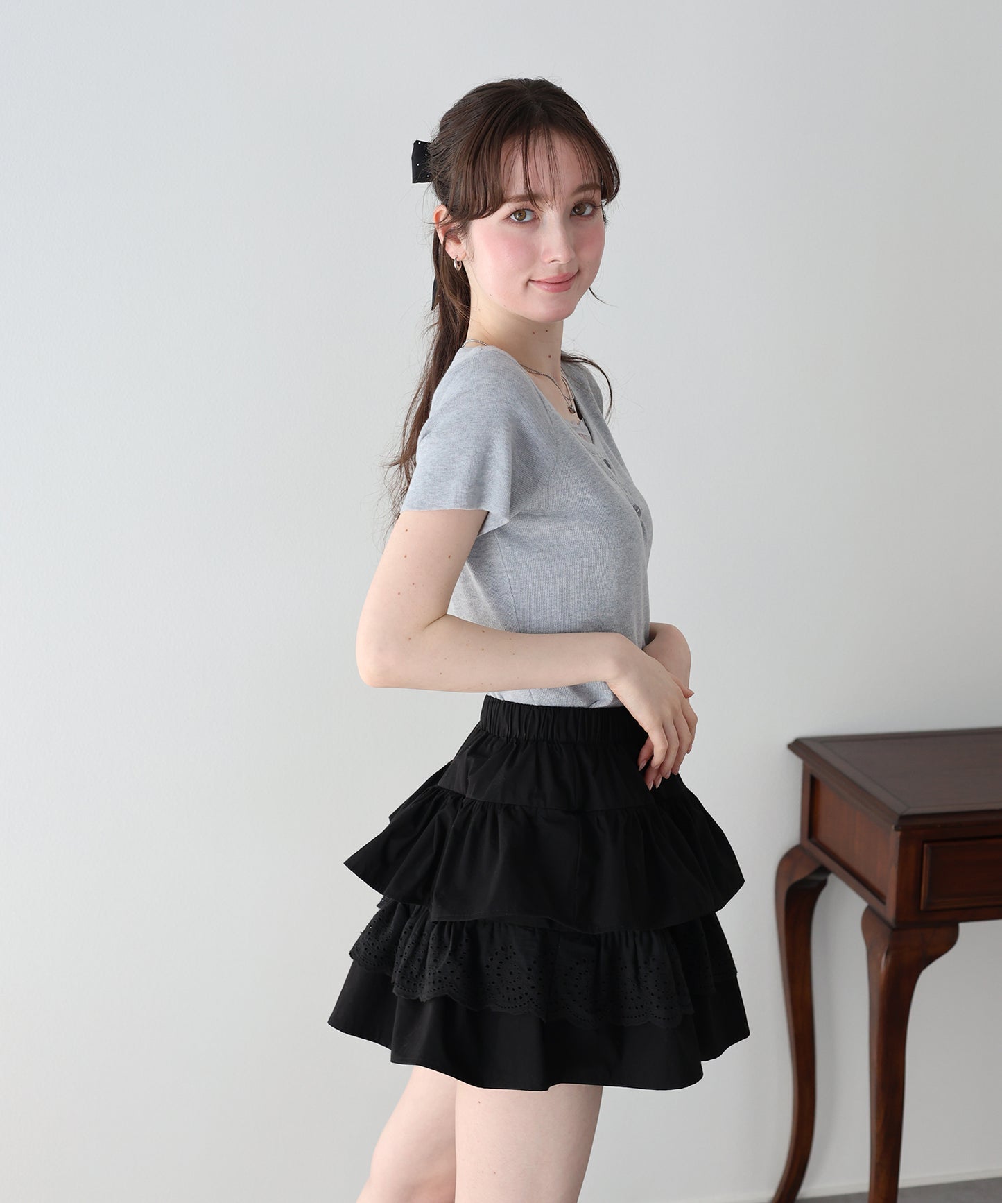 【早割5％OFF】チュールレイヤードヘンリーネックニット【ネコポス】