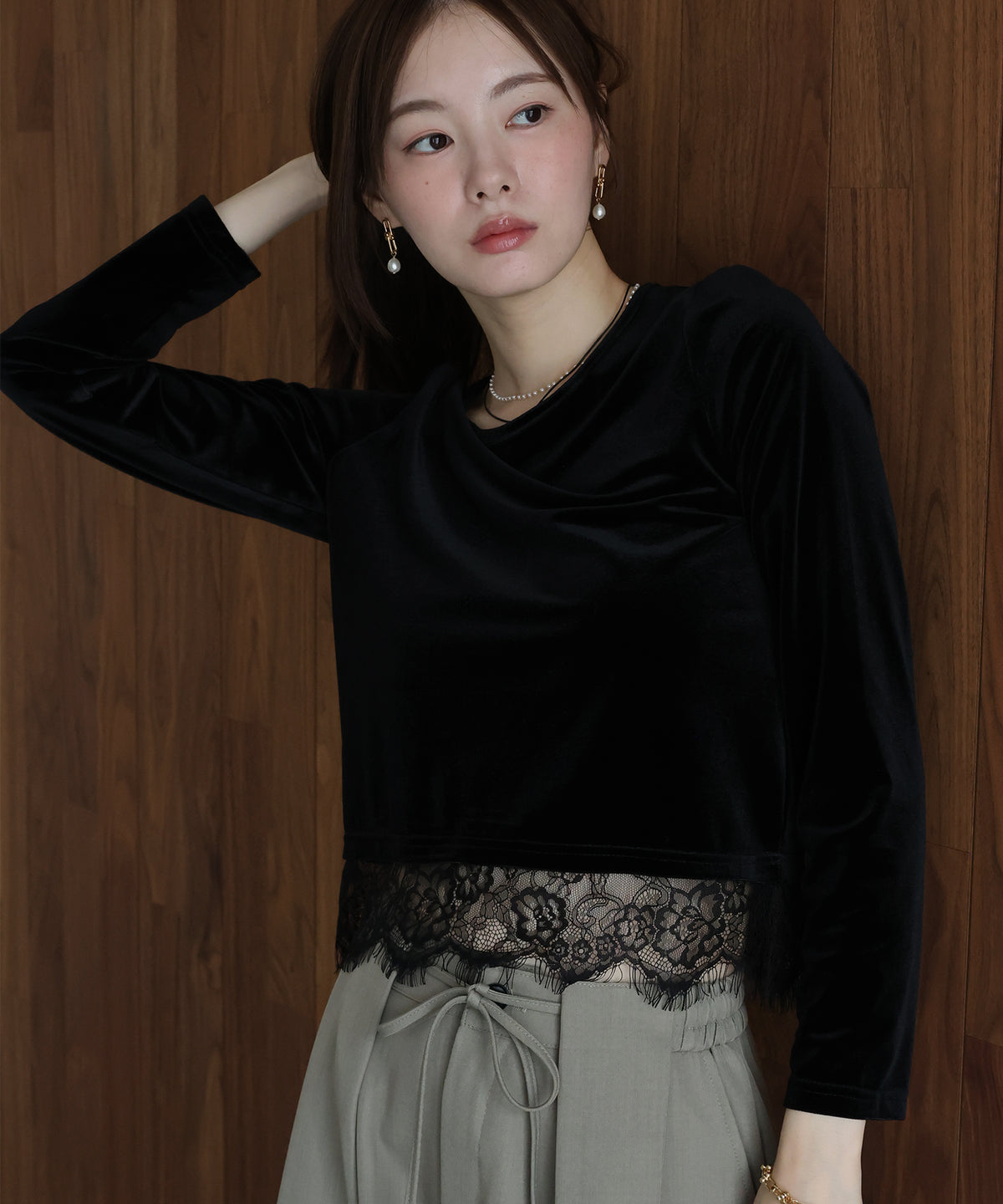 【早割5％OFF】レースヘムベロアカットソー【メール便】
