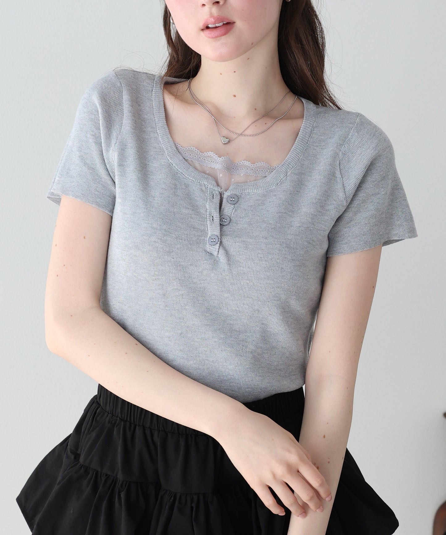 【早割5％OFF】チュールレイヤードヘンリーネックニット【ネコポス】