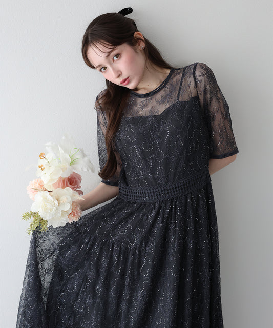 スパンコール刺繍レースドレス