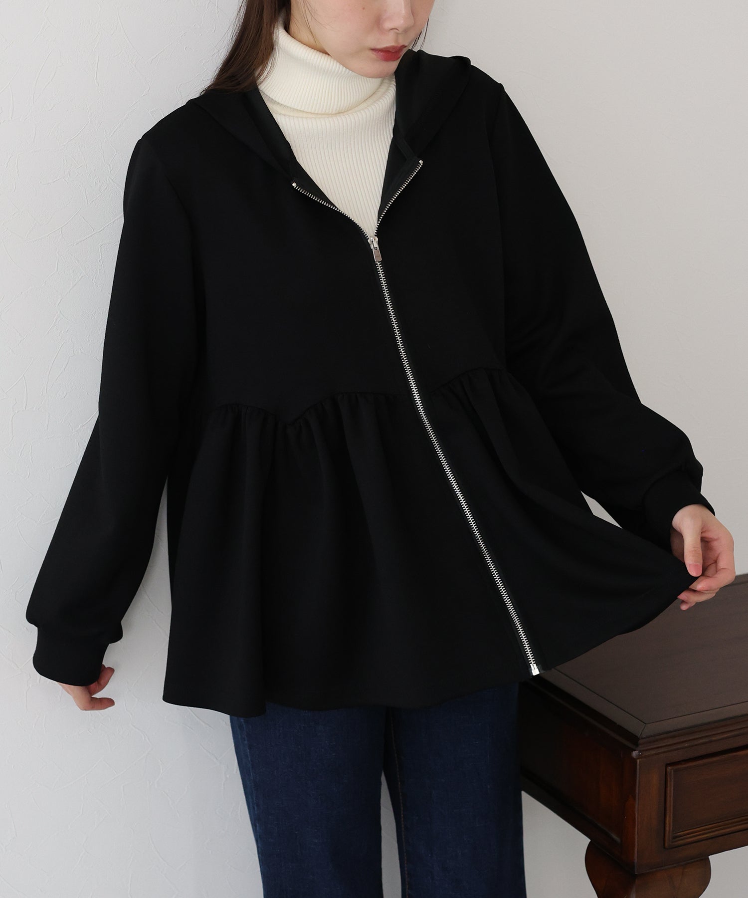 BORDERS at BALCONY　ジップパーカー　ペプラム　ブラック　38 接触冷感】ラッシュガードペプラムジップパーカー