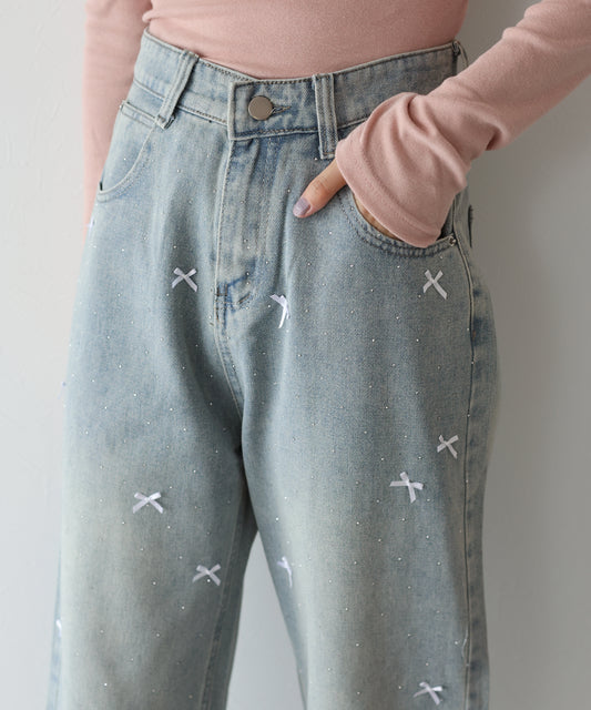 リボン付きラインストーンデニム