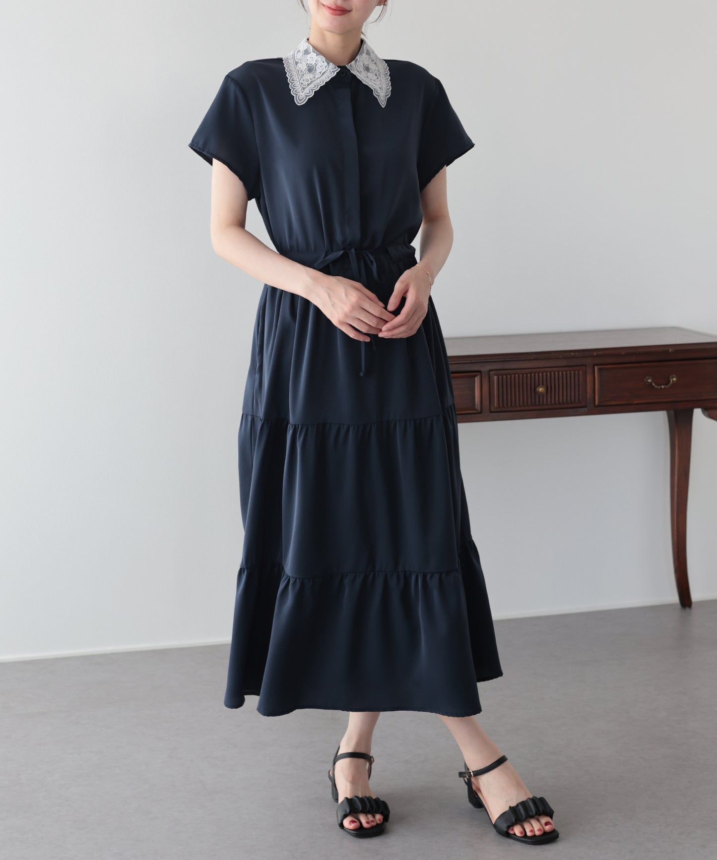 【早割5％OFF】《選べる着丈》レースカラーティアードワンピース