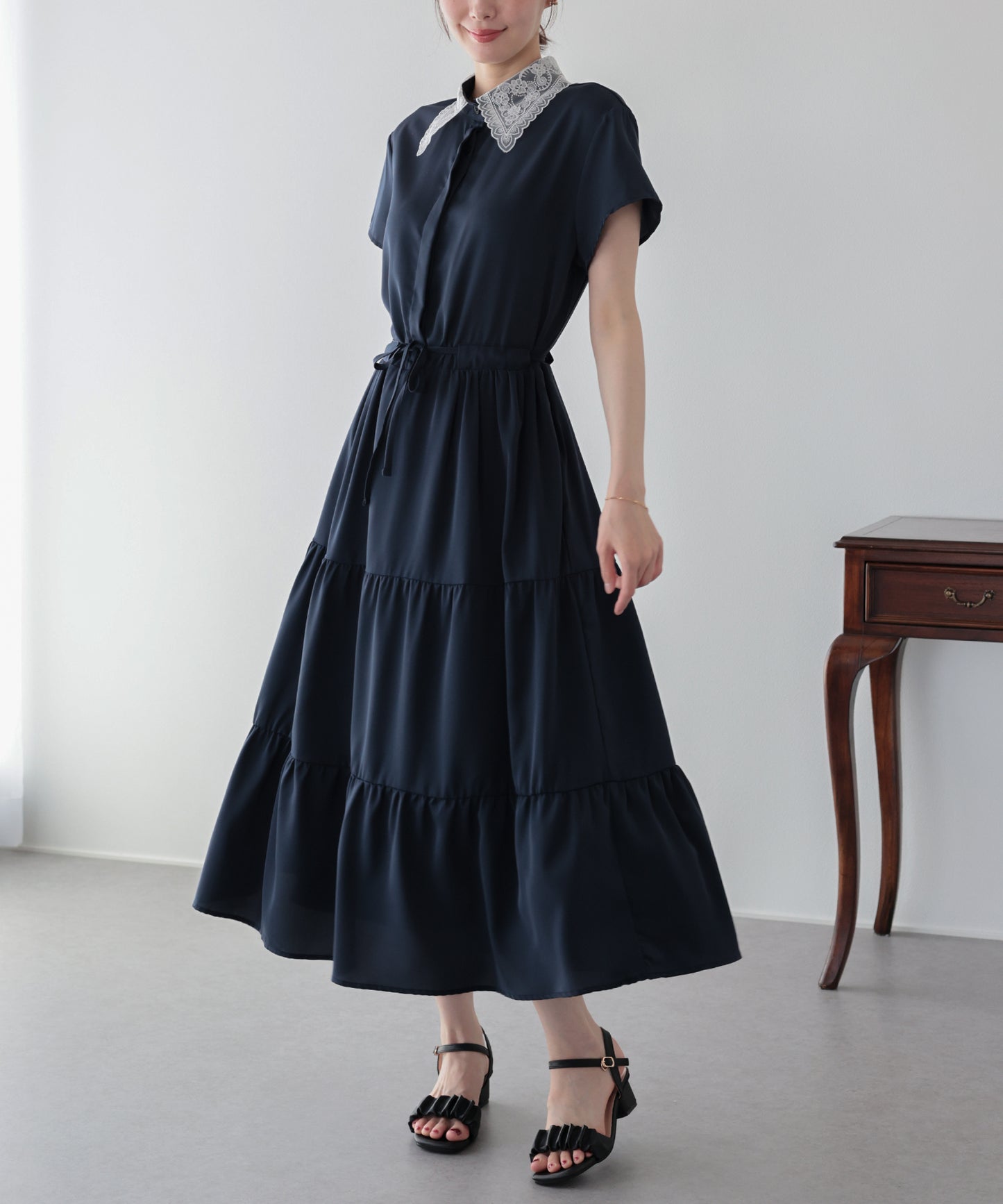 【早割5％OFF】《選べる着丈》レースカラーティアードワンピース