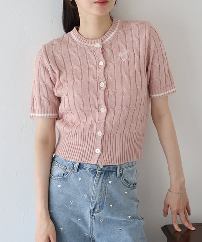 【SALE】リボン刺繍ケーブルカーディガン