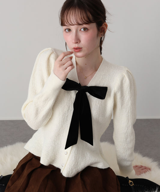 【早割5％OFF】ベロアリボンペプラムカーディガン