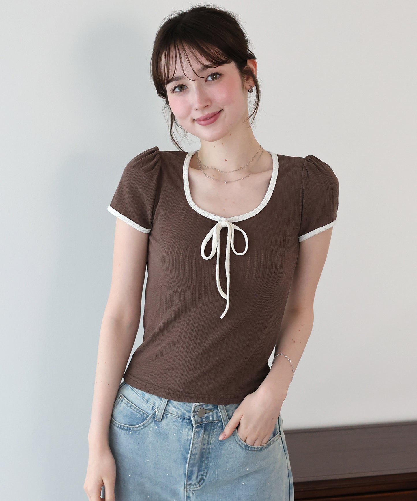 【SALE】バイカラーリボンカットソー【メール便】