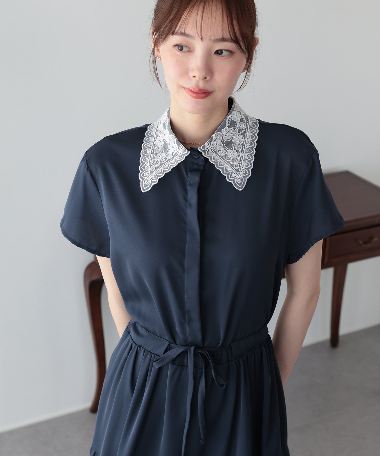 【早割5％OFF】《選べる着丈》レースカラーティアードワンピース