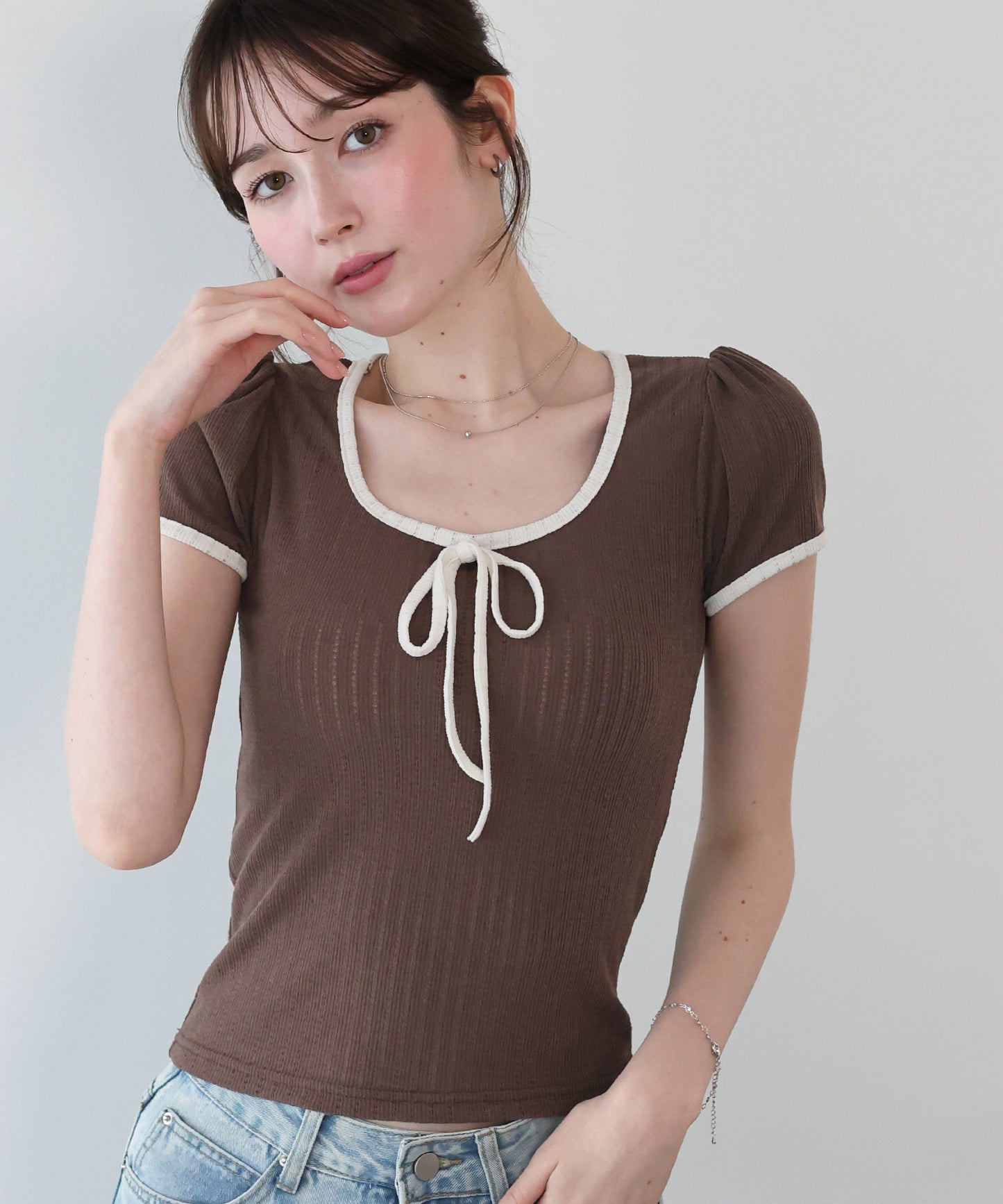 【SALE】バイカラーリボンカットソー【メール便】