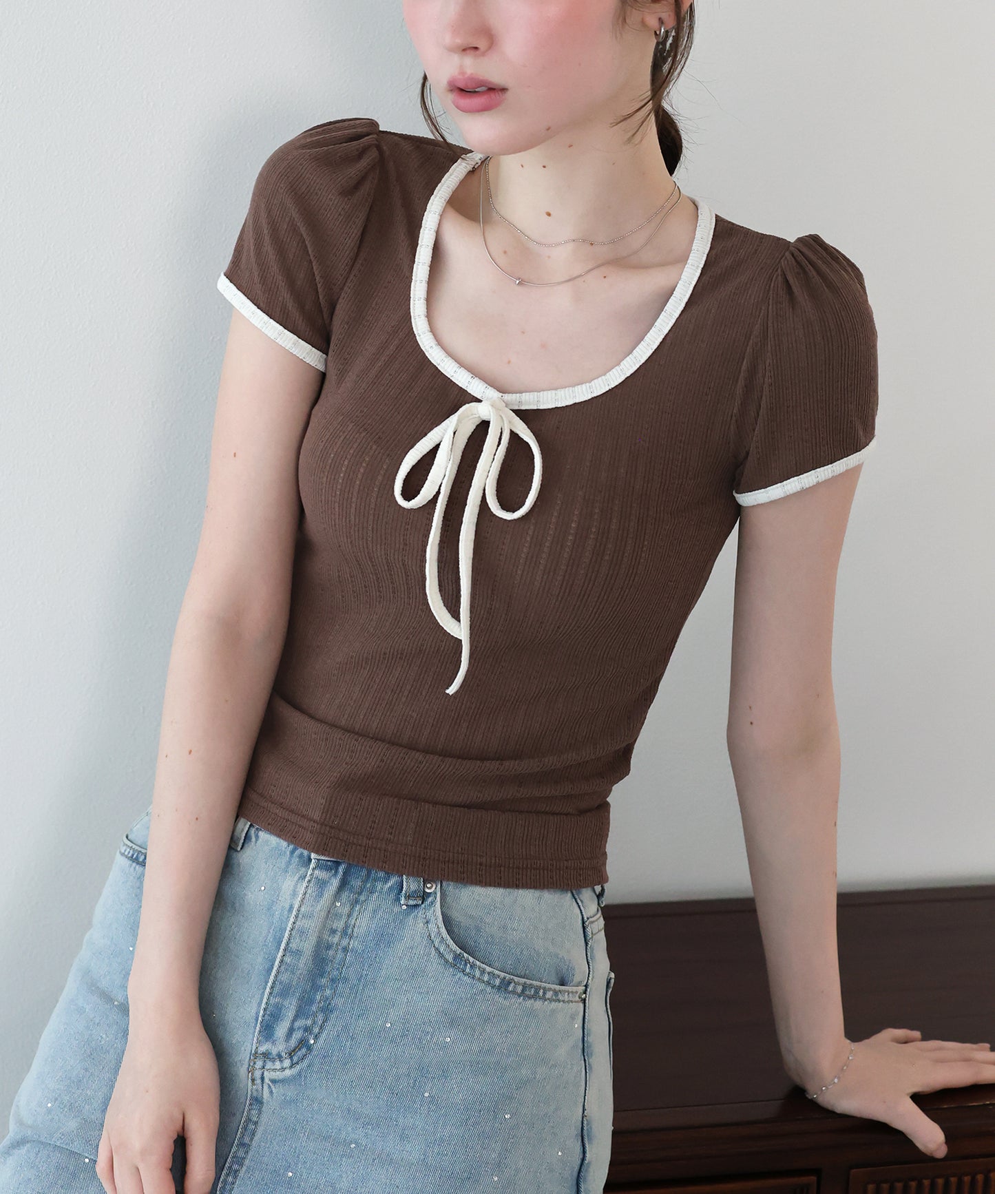 【SALE】バイカラーリボンカットソー【メール便】