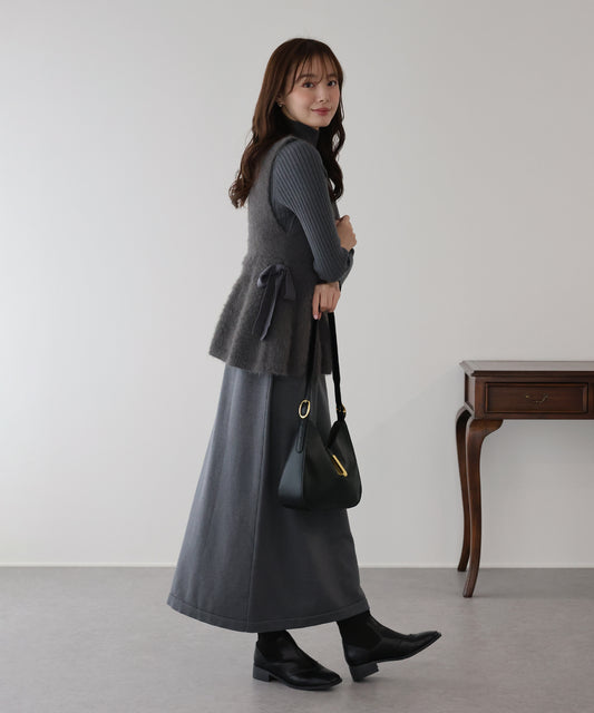 サイドリボンペプラムシャギーベスト＆ニットワンピース セット