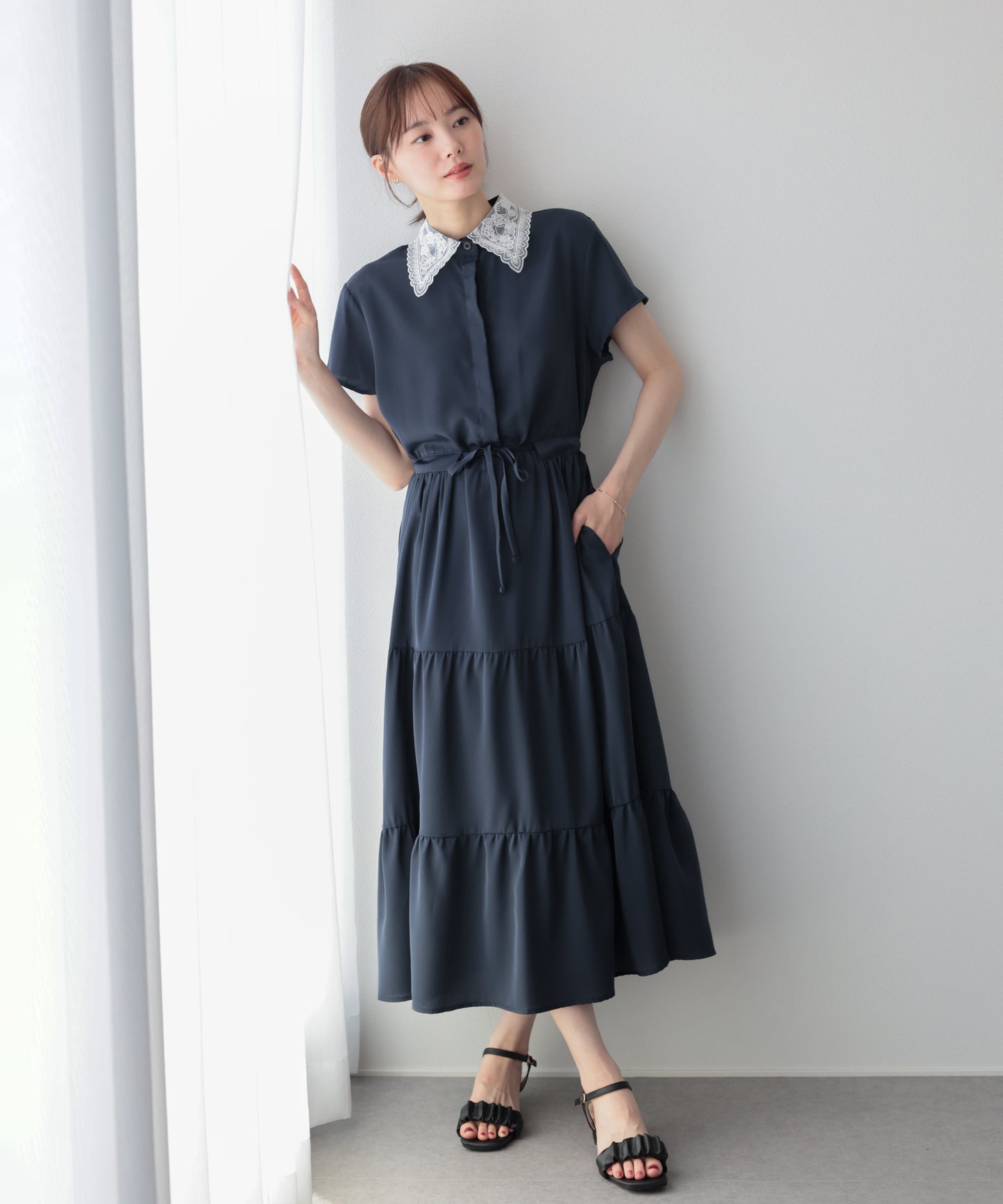 【早割5％OFF】《選べる着丈》レースカラーティアードワンピース