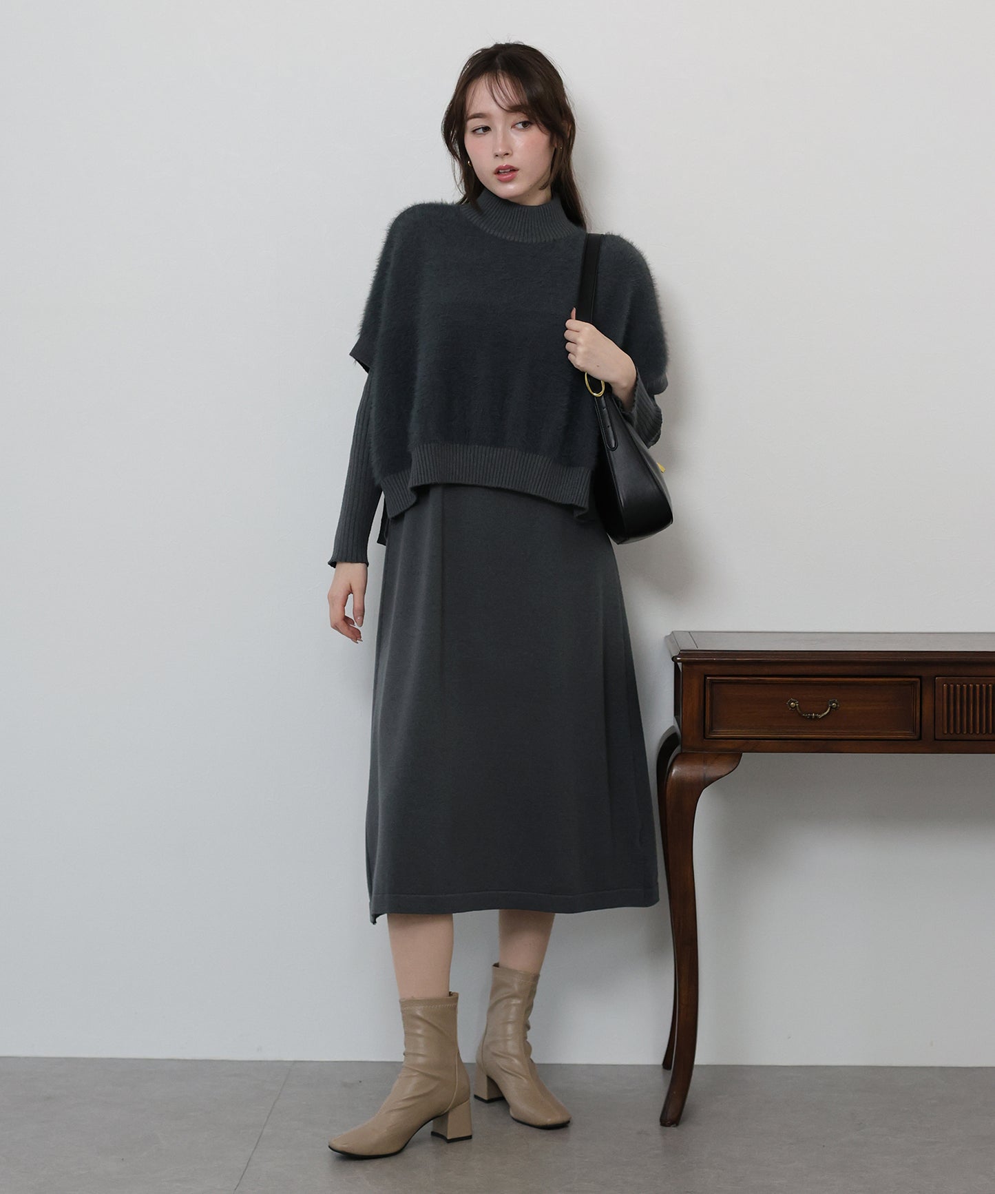 【TIME SALE】選べる2丈・吸湿発熱・リボンケープニットベスト＆リブニットワンピース