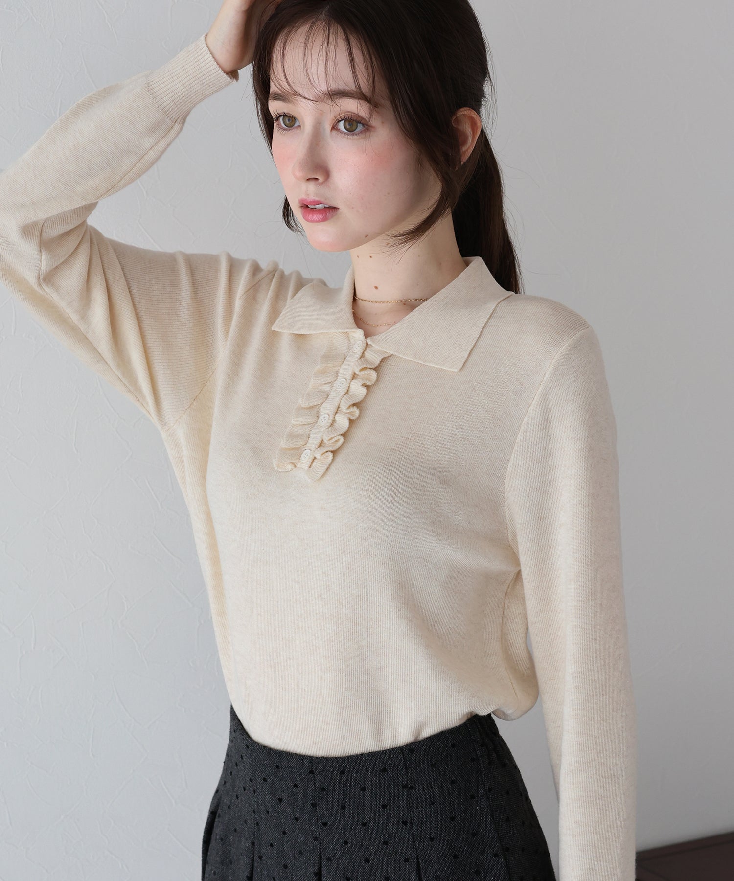 ニットフリルポロシャツ ラウンドカラー フリルニットポロシャツ
