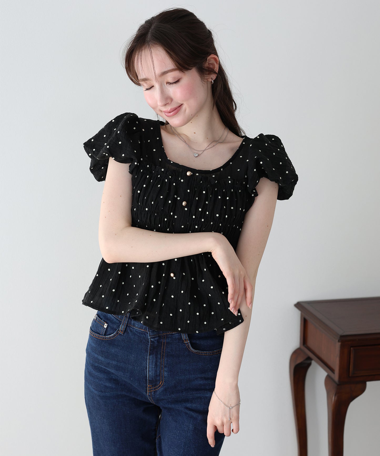 【早割5％OFF】ドットシャーリングブラウス【ネコポス】