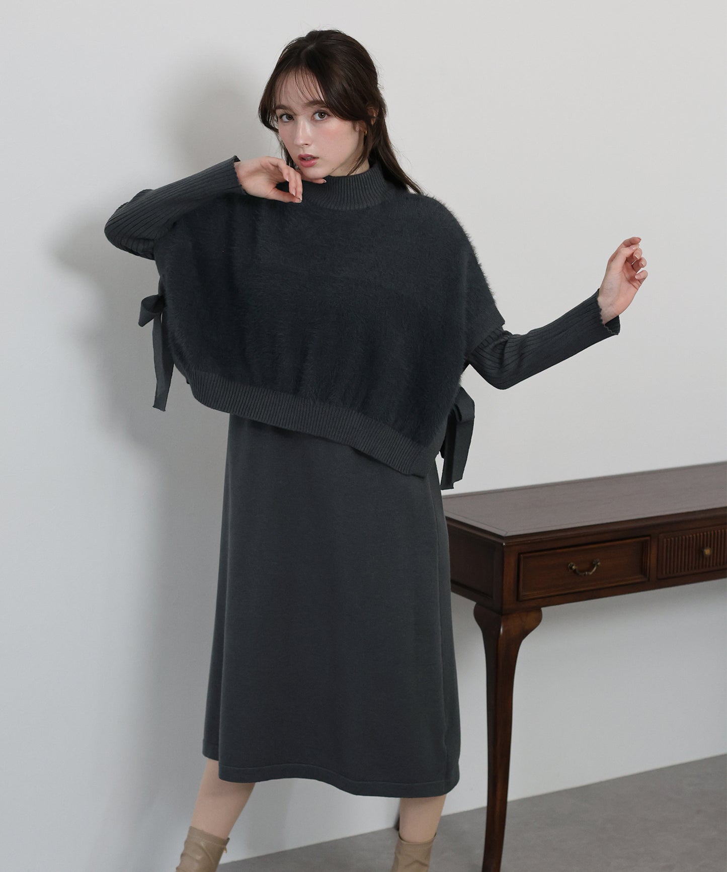 【TIME SALE】選べる2丈・吸湿発熱・リボンケープニットベスト＆リブニットワンピース