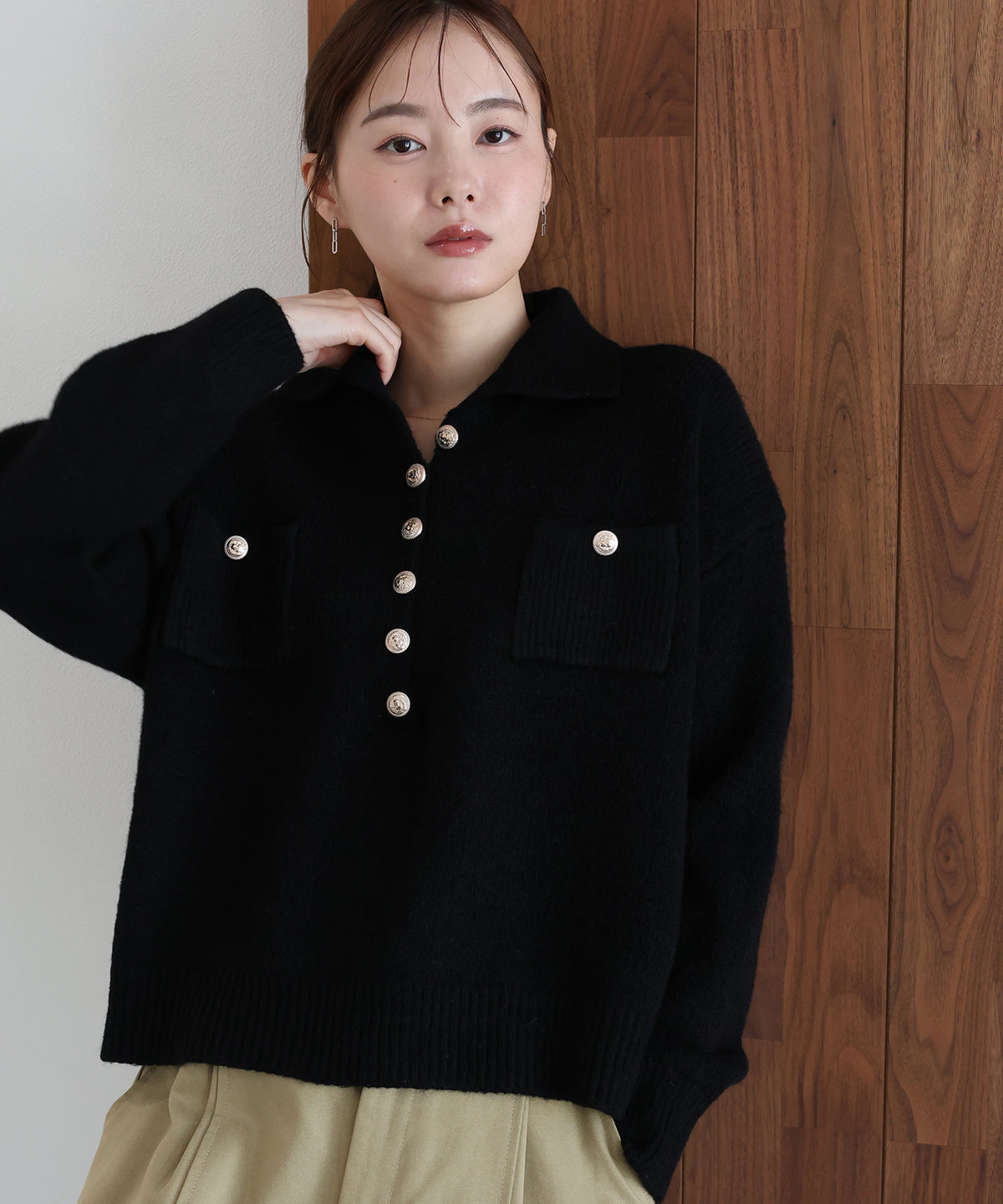 【早割5％OFF】ゴールドボタンポロニット