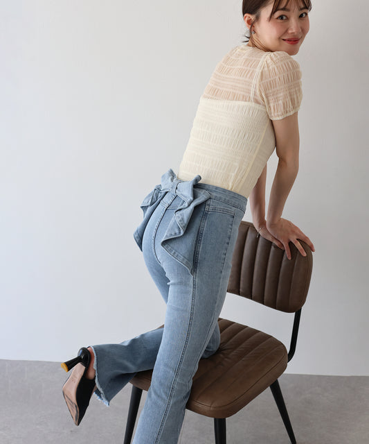 ハイウエストバックリボンデニムパンツ