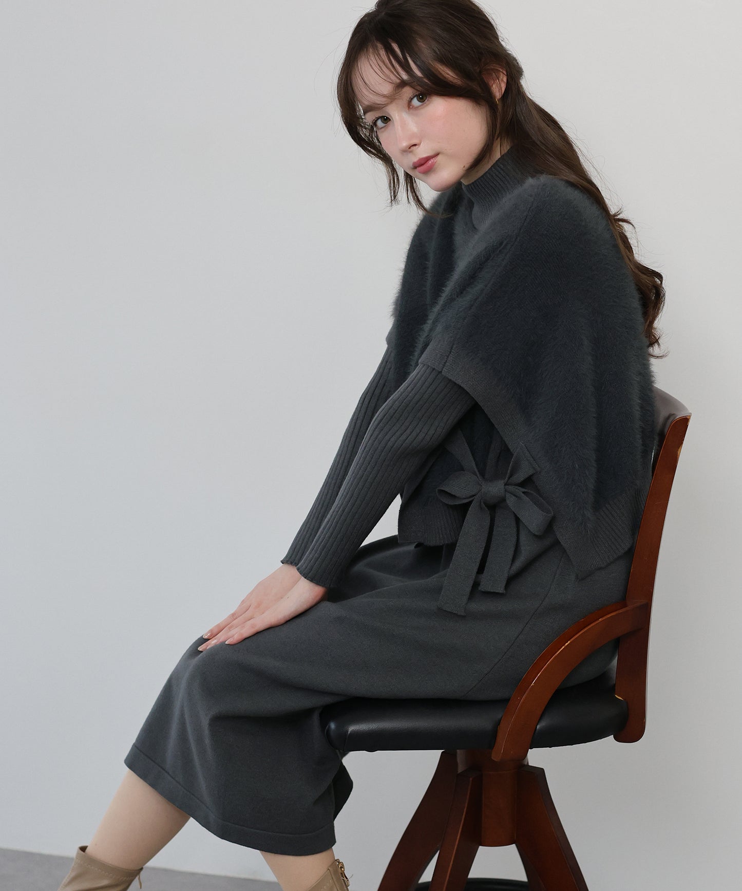 【TIME SALE】選べる2丈・吸湿発熱・リボンケープニットベスト＆リブニットワンピース