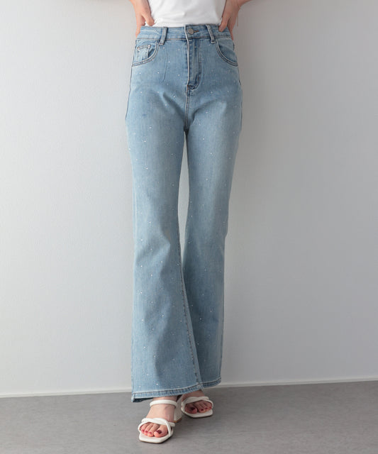 【早割5％OFF】ラインストーンフレアデニム