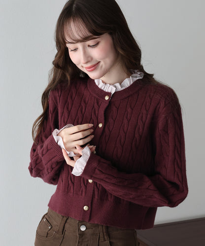 【早割5％OFF】フリルシャツケーブルニットカーディガン
